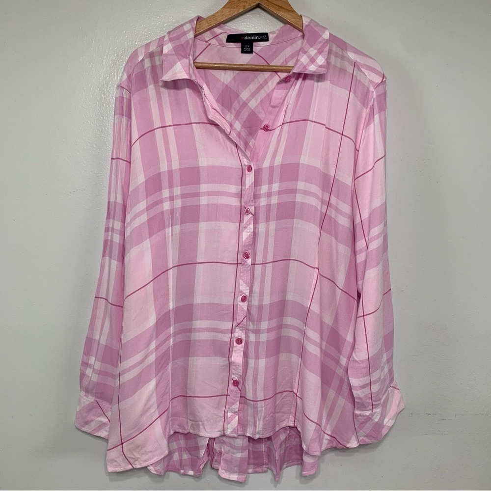 Denim 24/7 Pink Plaid Button Down High Low Hem Shirt Size 22W Valentines Day - Picture 1 of 6